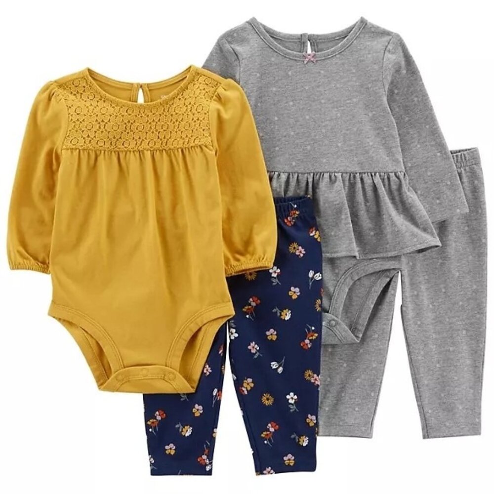 Carters Baby 6M Girls' 4 Piece Set Long Sleeve Bodysuit Pants 3-6 Months